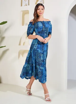 Scarf Print Smocked Detail Tiered Midi Dress 