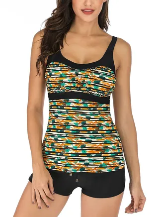 Conservative Split Female Swimsuit with Printing Strap 