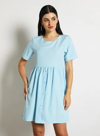 Women'S Casual Midi Short Sleeve Plain Basic Dress Blue 