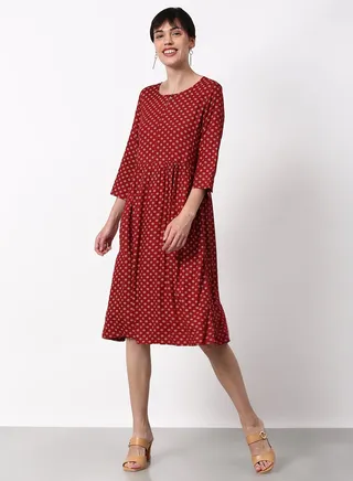 Printed Regular Fit Midi Dress Red 