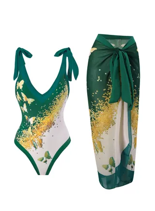 2pcs one piece swimsuit lace up swimsuit maxi skirt swimsuit set 