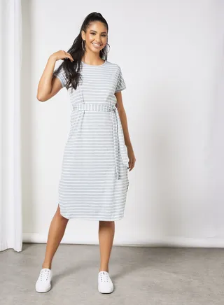 Short Sleeve Tie Bow Stripe Midi Knit Dress Grey/White 