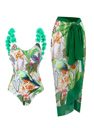 2pcs one piece swimsuit lace up swimsuit maxi skirt swimsuit set 