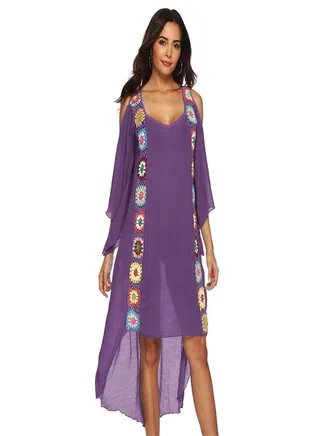 Hand Hook Flower Beach Dress Purple 