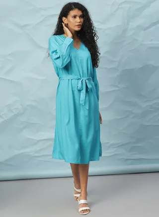 V-Neck Casual Dress Turquoise 