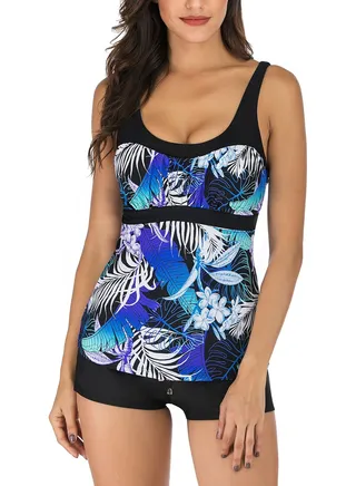 Conservative Split Female Swimsuit with Printing Strap 