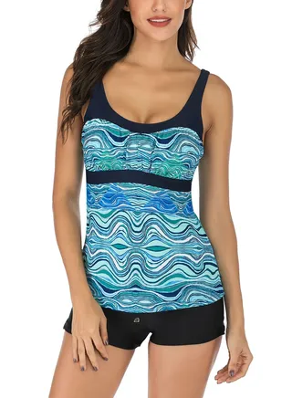 Conservative Split Female Swimsuit with Printing Strap 