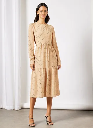 All-Over Print Tiered Dress Travertine 