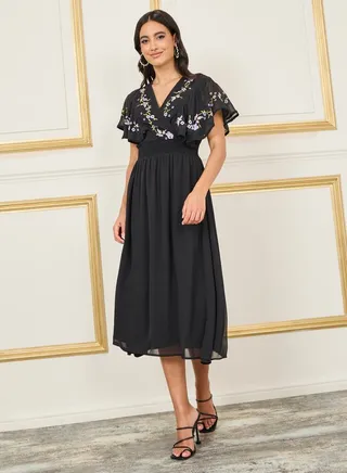 Embroidered Cape Sleeves Aline Midi Dress