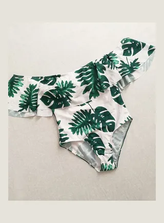 Boat Neck Collar Printing One-Piece Bikini White/Green 