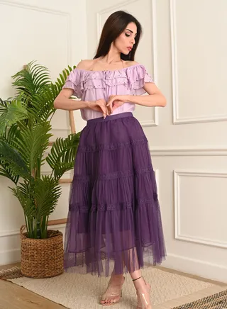 Two-piece set, Violet  blouse and Purple  tulle skirt 