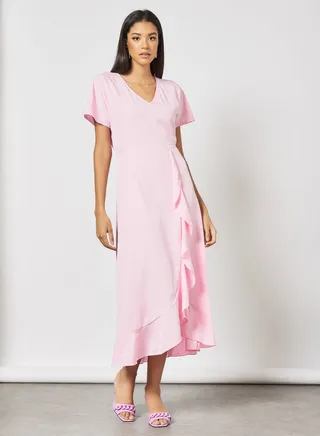 Stylish Casual floral half sleeves V-neck  Midi wrap Dress with frills Pink 