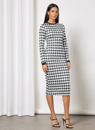 Stand Collar Check Dress Black 