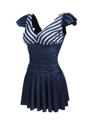 Cap Sleeve Ruched Waist Striped Patchwork Swimwear Navy 