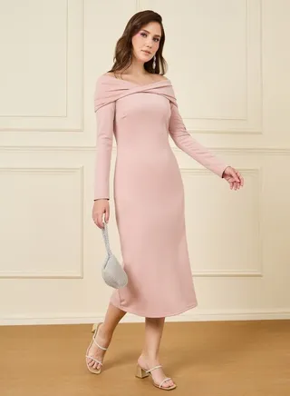 Off Shoulder Neck Shift Midi Dress