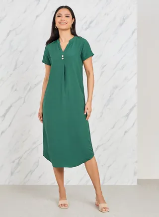 Button Detail Notch Neck Curved Hem Midi Dress 