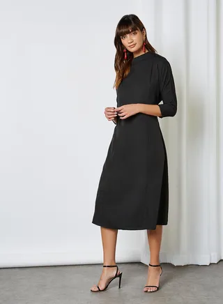 Solid Design Casual Wear Dress Black 