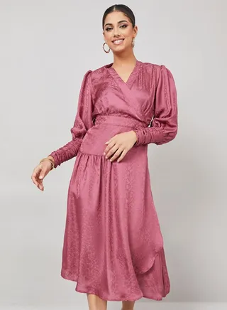 Cuffed Sleeve Jacquard Wrap Midi Dress 