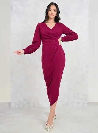 Side Pleats Asymmetric Hem Midi Dress 