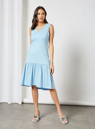 Women's V-Neck Midi Slip Ruffle Hem Dress Blue 