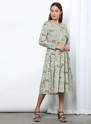 V-Neck Printed Dress Light Green Aop 