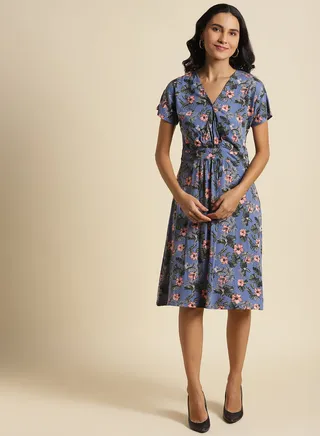 Floral Printed V-Neck Knee Length Dress Blue/Pink/Black 