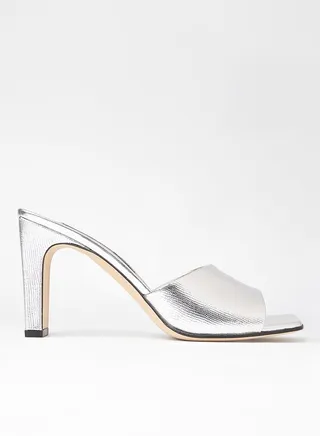 High Heel Leather Mules Silver 