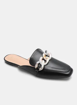 Buckle Detail Square Toe Mules Black/White/Brown 