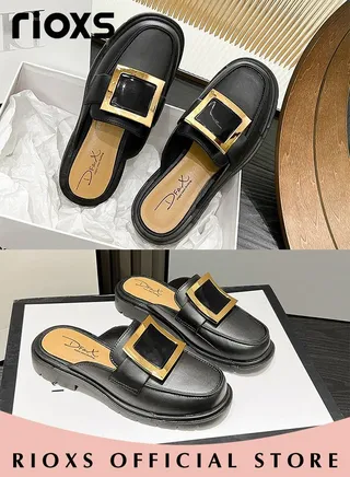 Women's Fashion Black Flat Mules With Square Gold Metal Buckle Decor Square Toe Leather Slip-on Backless Mule Shoes 