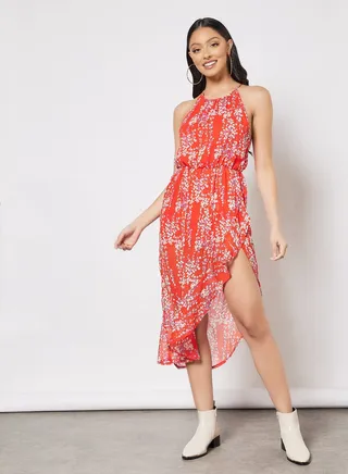 Asymmetric Floral Print Dress Red 