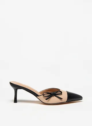 Women Dual Tone Slip-On Mules with Kitten Heels and Bow Applique 