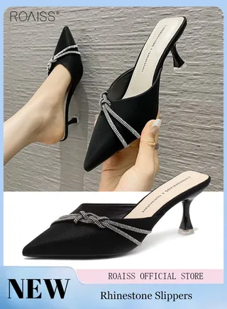 Fashionable Business Pointed Toe Slippers Women'S Daily Commuting Formal Occasions Rhinestone Decorated High Heel Slippers 