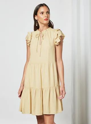 Tie-Up Neck Tiered Midi Dress Beige 