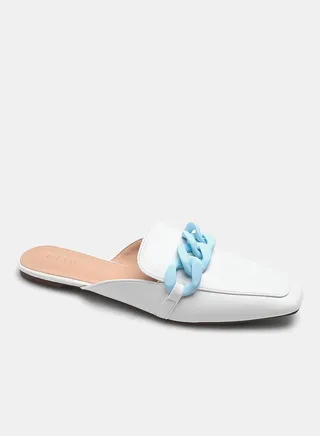 Buckle Detail Square Toe Mules White/Blue 