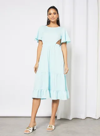Casual Bell Shape Short Sleeve Midi Solid Woven Dress 14 Aqua Blue 