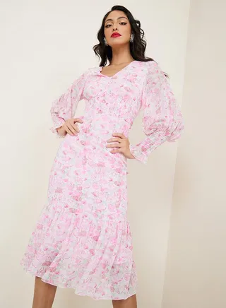 Floral Print V Neck Bodycon Midi Dress 