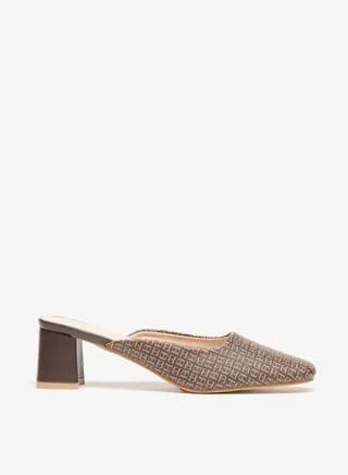 Women's All-Over Monogram Print Slip-On Mules with Block Heels 