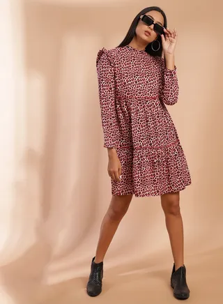 Animal Pattern Pleated Mini Dress Red/Black 