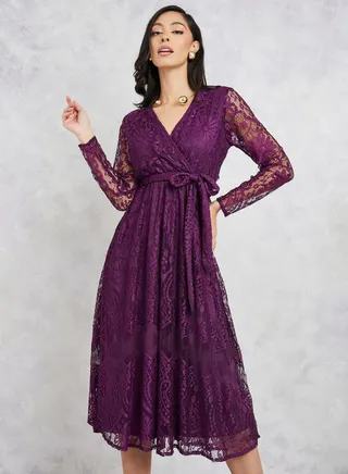 All Over Lace A-Line Midi Dress with Tie Up Belt 