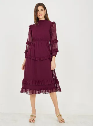 Dobby Frill Detail Tiered Midi Dress