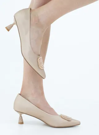 Hayko heel satin court with sqr diamante trim rose gold 