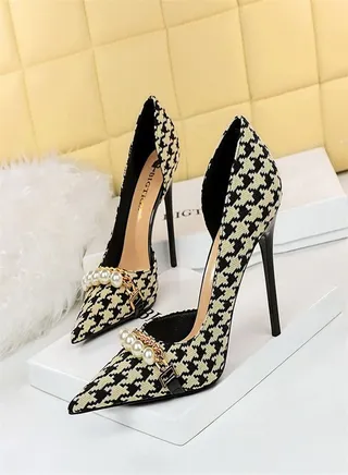 Side Cut-Out Thousand Bird Check Pearl Metal Chain High Heels 11CM Multicolour 