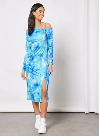 Casual One Shoulder Long Sleeve Side Slit Tie Dye Midi Dress 3 Blue Print 