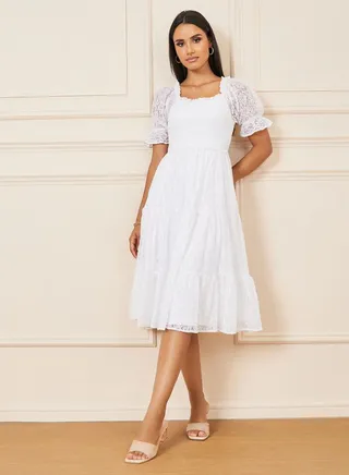 Smocked Detail All Over Lace Tiered Midi Dress 