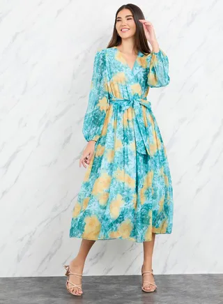 Floral Print V Neck Long Sleeve A Line Chiffon Maxi Dress 
