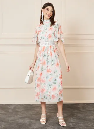 Floral Print Lace Waist Detail A-Line Midi Dress 