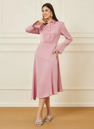 Asymmetric Hem Long Sleeve A-Line Midi Dress 