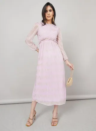 Round Neck Shimmer Georgette A-Line Midi Dress 