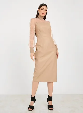 Mesh Insert Leather Look Sheath Midi Dress 