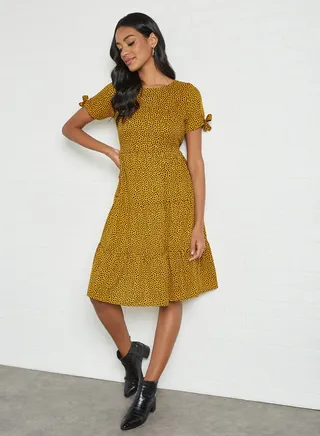 Dash Print Tiered Dress Mustard 